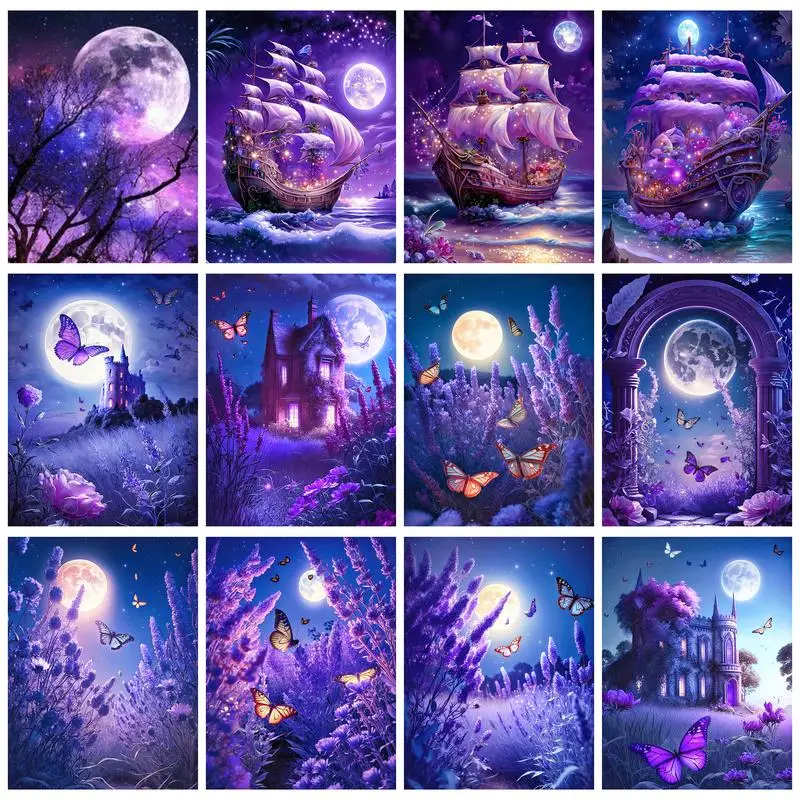 

RUOPOTY Butterfly Painting By Numbers For Adults Beginner Kits Moon Night Lavender Flowers Paint On Numbers For Home Art Crafts