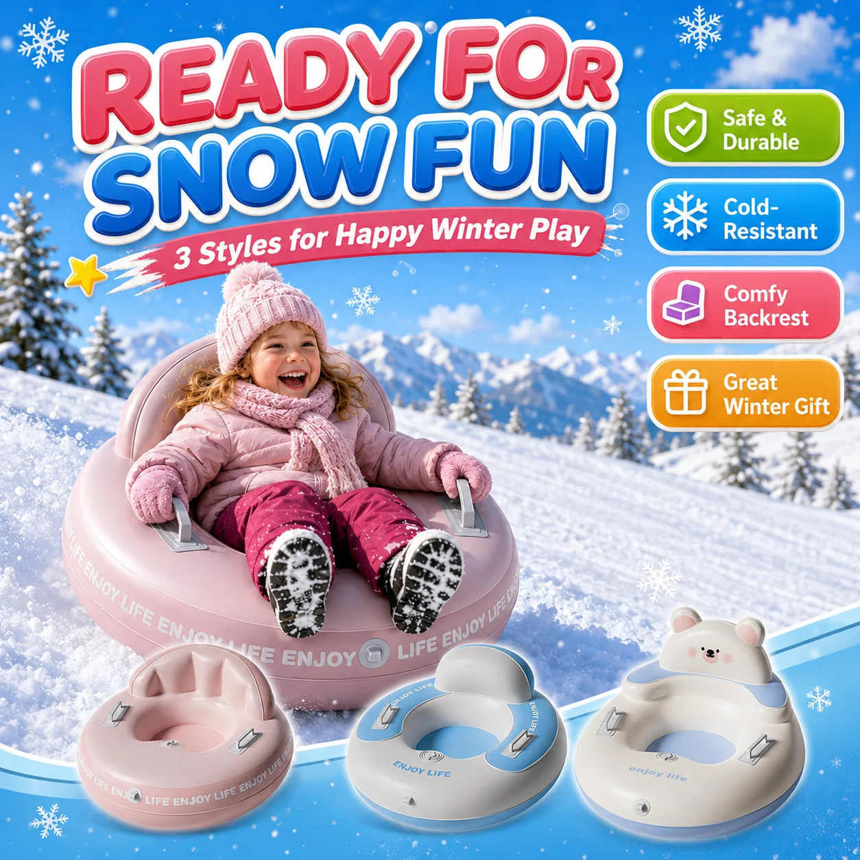 1PC Inflatable Snow Tube with Backrest, Round Snow Sled with Handles Winter Outdoor Sliding Toy for Ski Resort Snow Fun