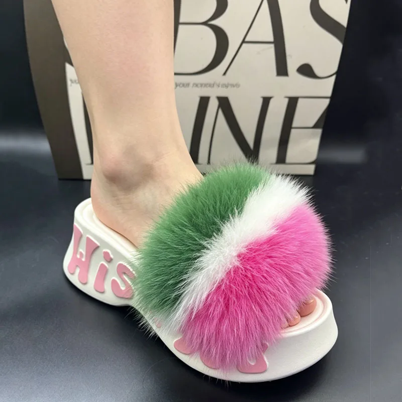 

Real Fox Fur Slippers Luxury Designer Fluffy Slides Woman Summer Women's slippers Sandals Platform Outdoor Fur Slides Shoes