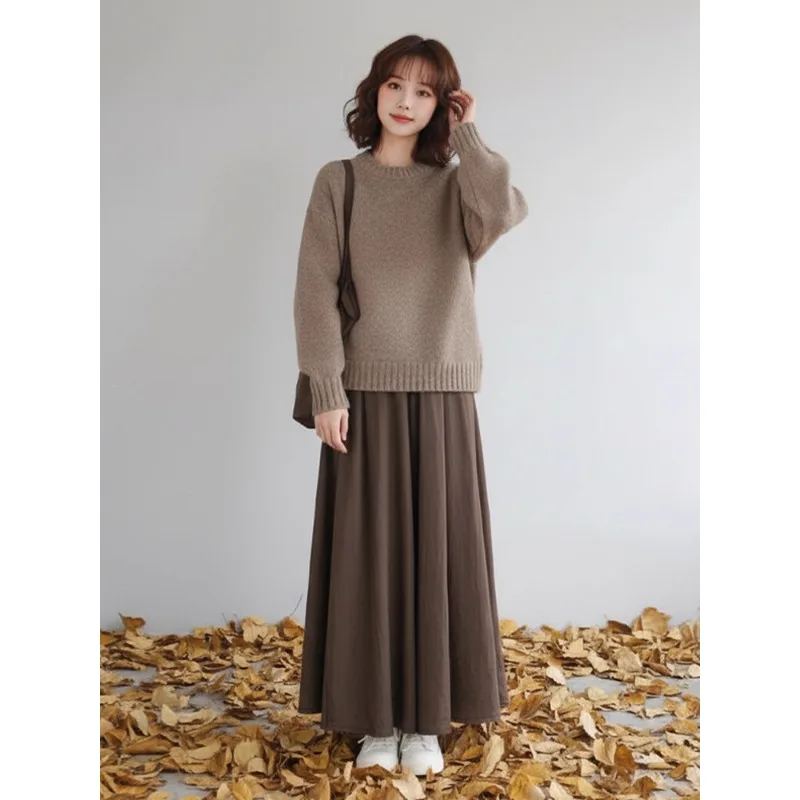 2025 겨울 니트 드레스 여성용 하이웨이스트 롱 슬리브 라운드 네일린 아메리칸 스타일 패셔너블 한국 감성 가운