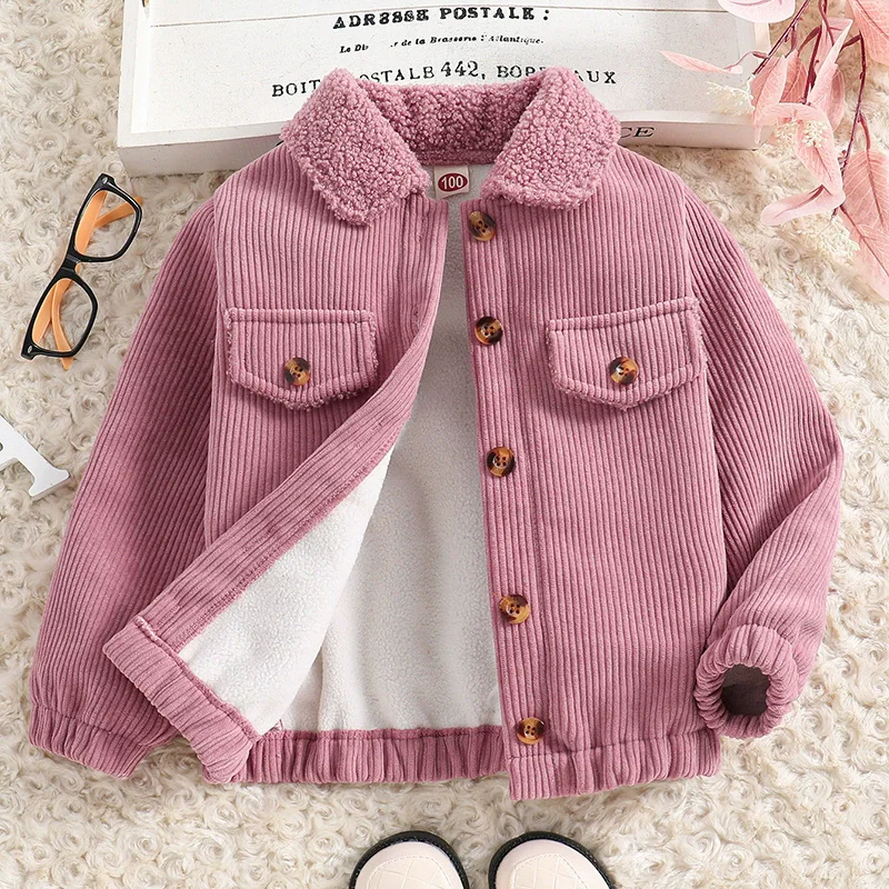 New Girls Fleece Lined Coats Winter Children Velvet Warm Corduroy Jacket Kids Long-Sleeve Button-Up Outerwear Baby Parka Clothes