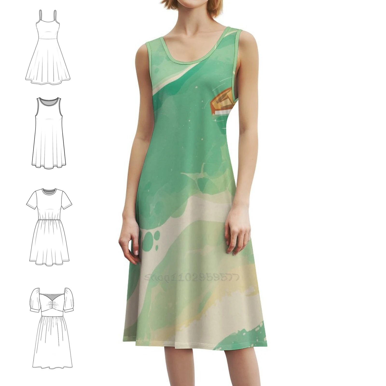 

Amber Drift Vintage Bohemian Dress Puff Sleeve Or Sleeveless Options For Women Dress Watercolor Boat Ocean Waves Drifting