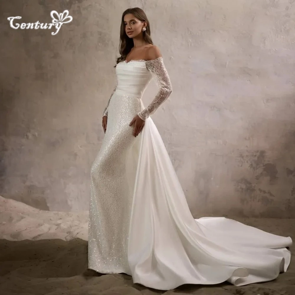 Abito da sposa con spalle scoperte Abiti da sposa a sirena con strascico staccabile Manica lunga Paillettes Abiti da sposa in raso di pizzo personalizzati