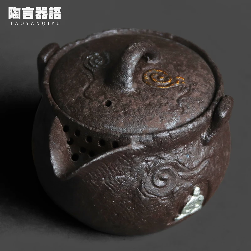 Vintage rough pottery old rock clay embossed Buddha vase teapot ancient style Zen wide mouth tea punch bag brewing pots