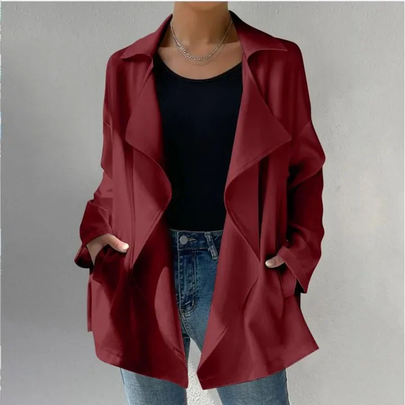 2023 New Autumn Fashion Casual Lapel Solid Color Patchwork Temperament with Slim Fitting Commuter Women's Pocket Trench Coat