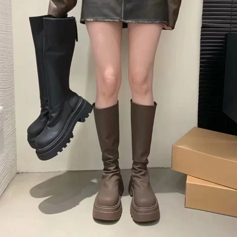 

Chunky Women Knee High Boots Fashion Back Zippers Knight Long Boots Platform Heels Autumn Winter Ladies Shoes