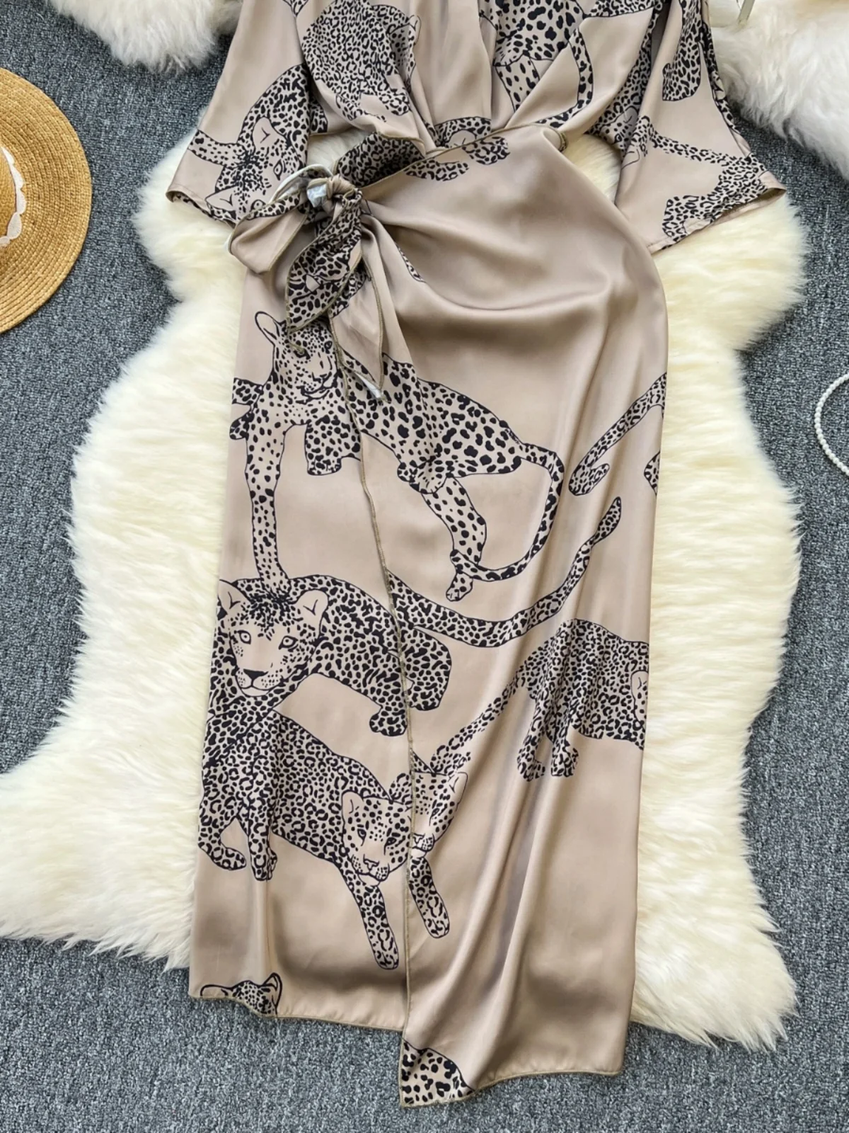 Vestido Estilo Casual para Mujer, Verano 2024, Nuevo, E, Estampado, Satinado, Cintura Ajustada, Falda Midi en Línea A,...