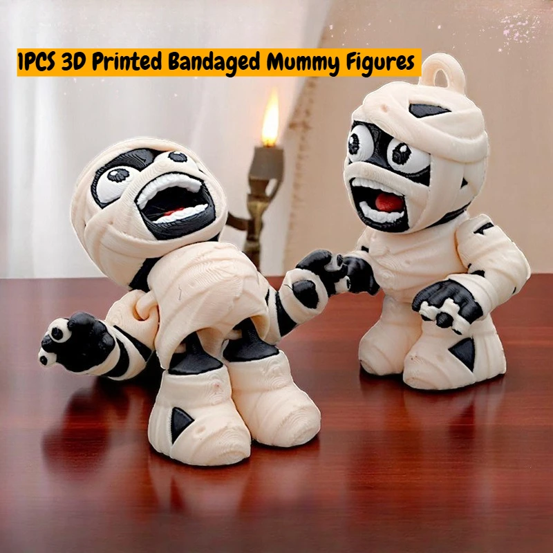 3D Printed Articulated Mummy Figurine Cute Bandage Mummy Movable Joints Halloween Desktop Ornament Car Hanging Party Decor Gift