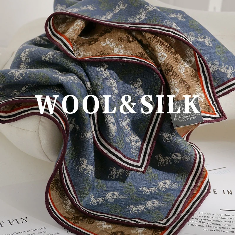 両面カラーブロックシルクウールスカーフ-65x65cm-春秋シーズン向け多用途ファッションアクセサリー