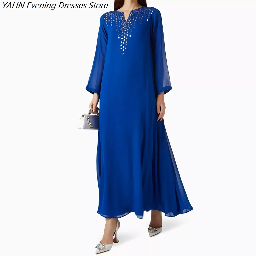 

Women's A-line Evening Dresses Ankle-length V-neck Full Sleeve Prom Dresses Fashion Sequined Simple Draped Customized Gowns