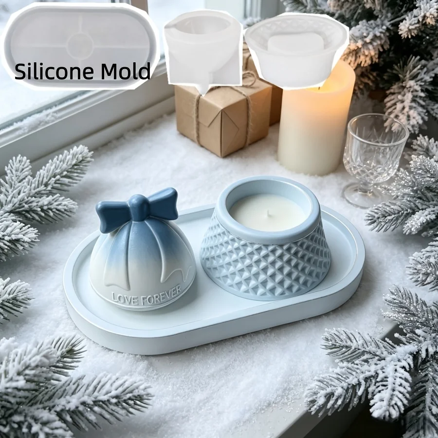 DIY Clay Mold - Oval Integrated Tray+Bow Bell with Lid Container Silicone Mold, Christmas Desktop Atmosphere Decoration,DIY
