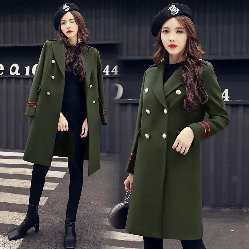 New In Fashion Double Breasted Winter Coat Female Thicken Warn Overcoat Military Green Woollen Long Coat Women