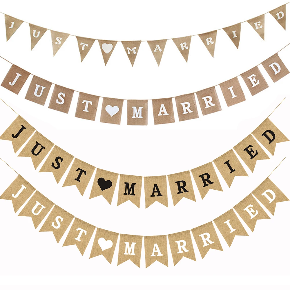 

Jute Burlap Rustic Just Married Decoration Bunting Banner Bridal Shower Photo Booth Props Vintage Wedding Party Decor Supplies