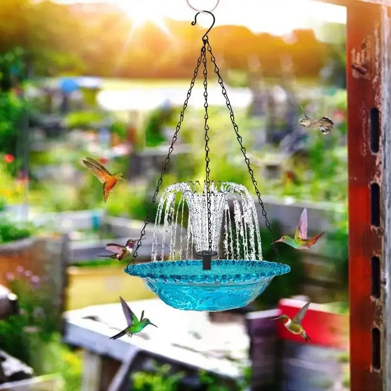 Hanging Bird Bath With Solar Water Fountains Multi-Functional Hummingbird Bath Bowl Outdoor Feeder And Drinking For Bird Bath