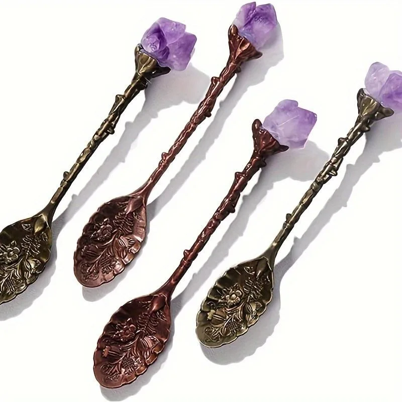 1/2/4/7pcs Natural Amethyst Flower Coffee Spoons Decorative Tea Spoons, Purple Crystal Spoons, Vintage Carved Spoons Dessert Spoon Ice Cream Spoons Hand Polished Raw Stone Crystal, Lucky Home Kit Tea Scoop Kitchenware, Bohemian, SummerWins, DealsForYouDay