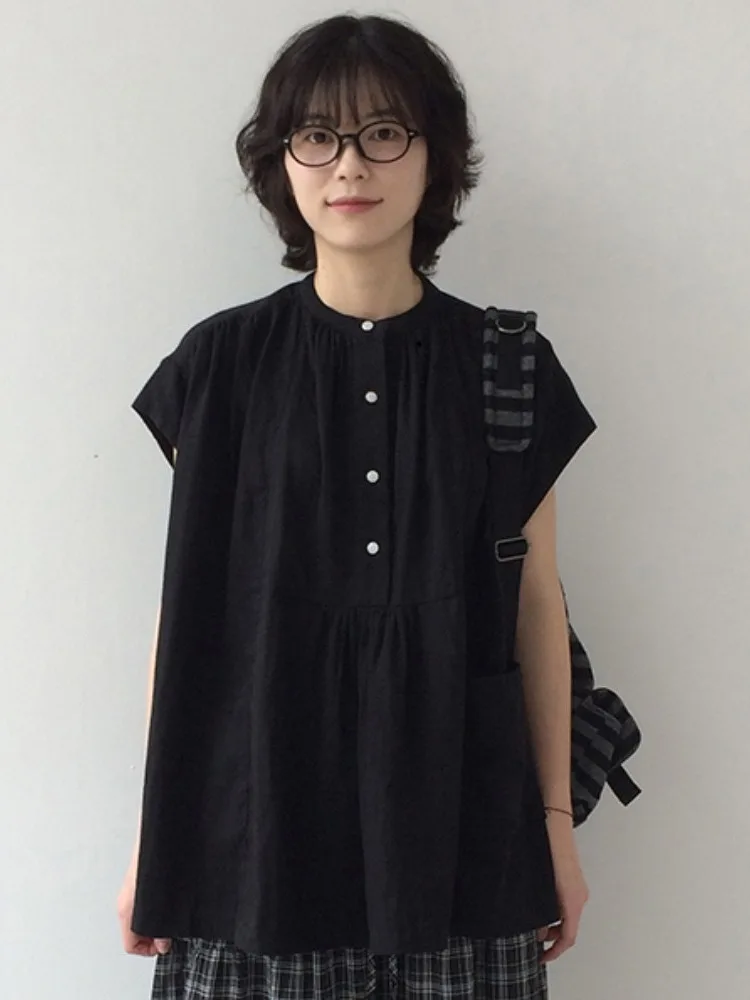 

Summer New Sle Women's Loose ort Sve irt Folded ket Design Flower Top Commute Pure Color round Ne irt