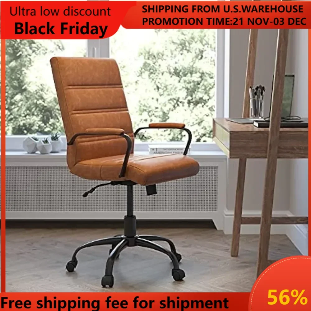 

Mid-Back Desk Chair - Brown LeatherSoft Executive Swivel Office Chair with Black Frame - Swivel Arm Chair