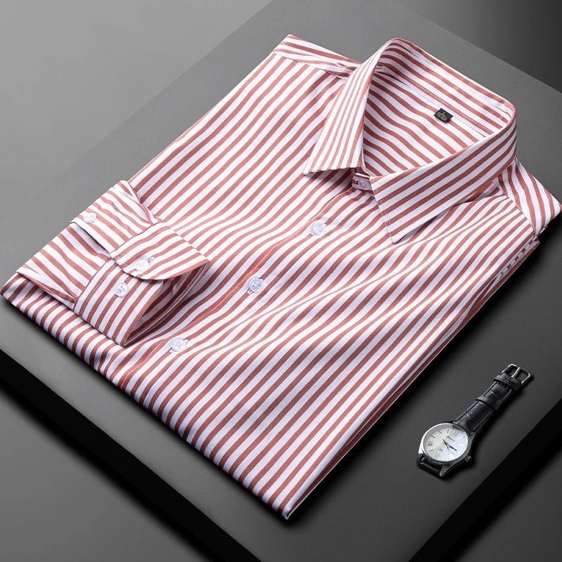 shirt high-end color stripe Light luxury men's long sleeve autumn new Korean fashion handsome top slim Lapel no iron men's shirt