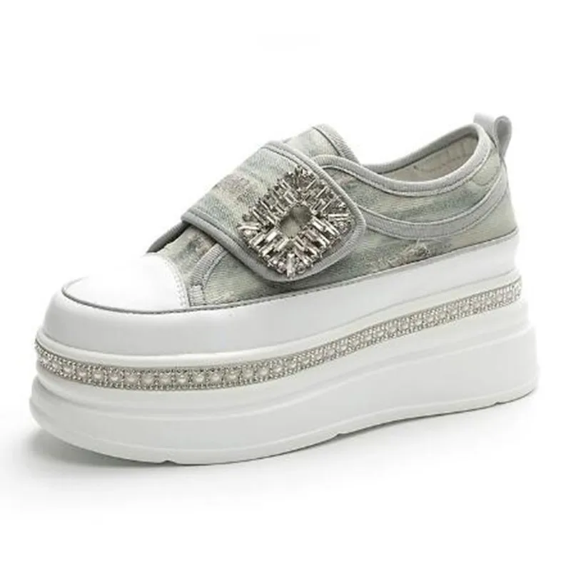 8 سنتيمتر الدنيم الماس منصة إسفين جلد طبيعي عادية الربيع الصيف الخريف مريح عالية العلامة التجارية أحذية رياضية مكتنزة الكعوب الخفية الأحذية #1