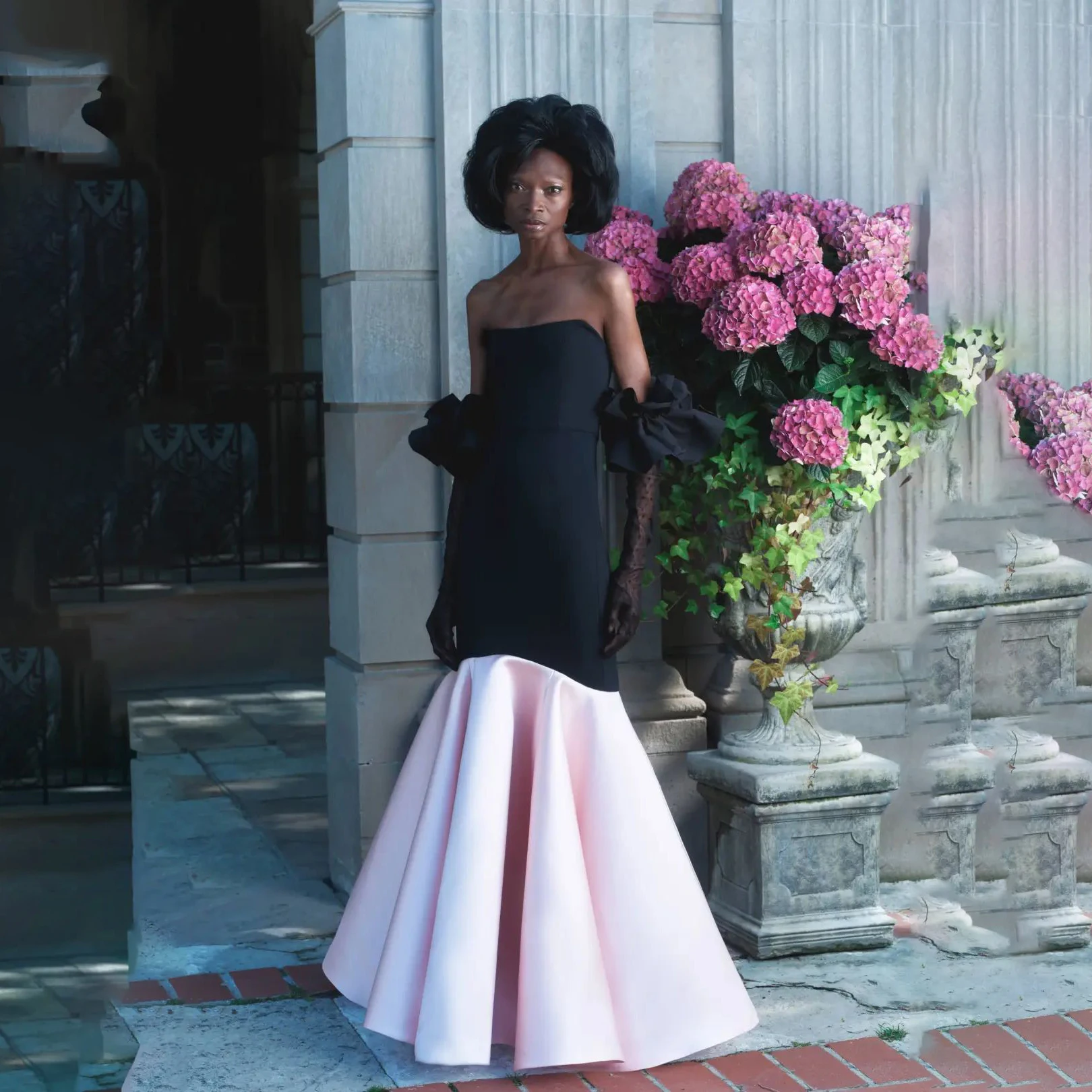 Chic Blossom Prom Gowns Ruffles Sexy Mermaid Pink and Black Long Formal Event Party Dresses No Gloves Off The Shoulder