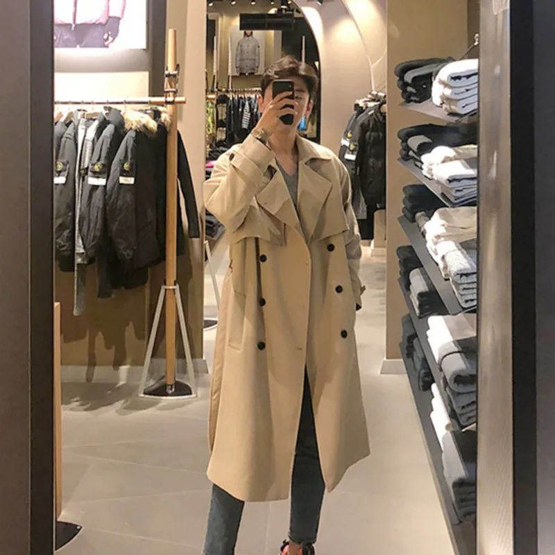 

2024 Men's Oversize Trench Coat, Autumn and Winter Double-Breasted British Style Long Jacket, Korean Loose Over-the-Knee Outwear