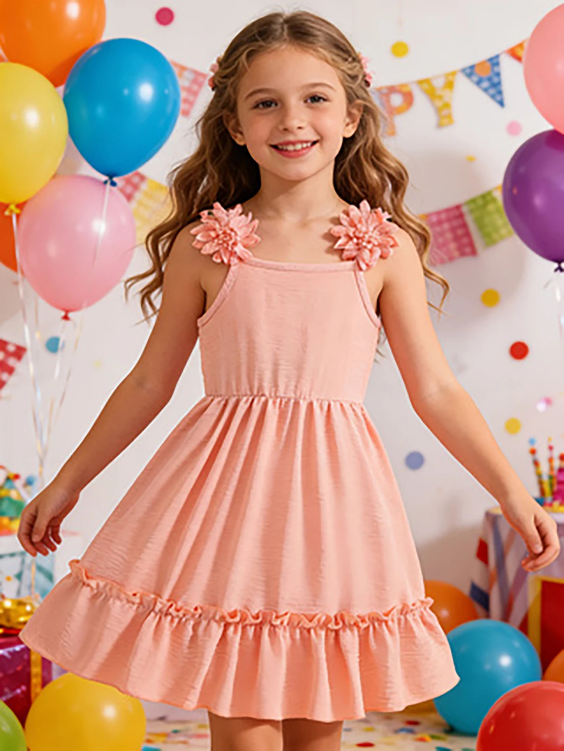 Girls' Orange-Pink 3D Floral Spaghetti Strap Princess Dress, Summer Ruffled A-Line Skirt