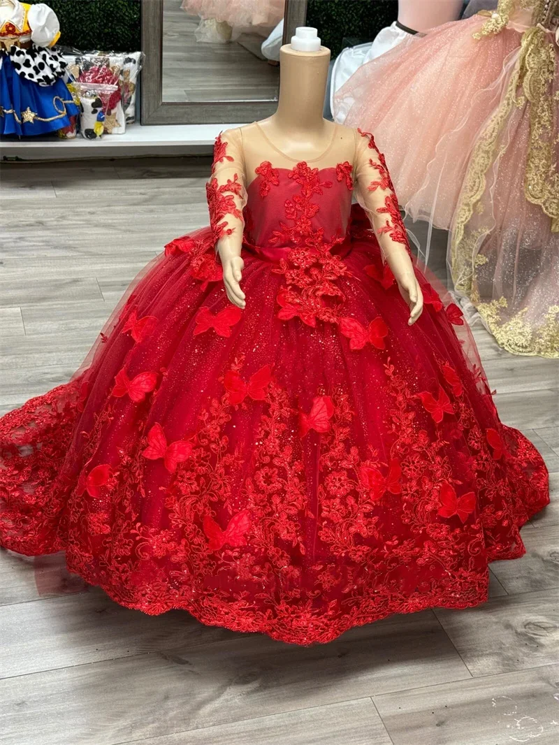 

Butterfly Applique Red Flower Girls Dress Beading New Design Long Sleeves Luxury Birthday Party Gown Photoshoot Ball Gown