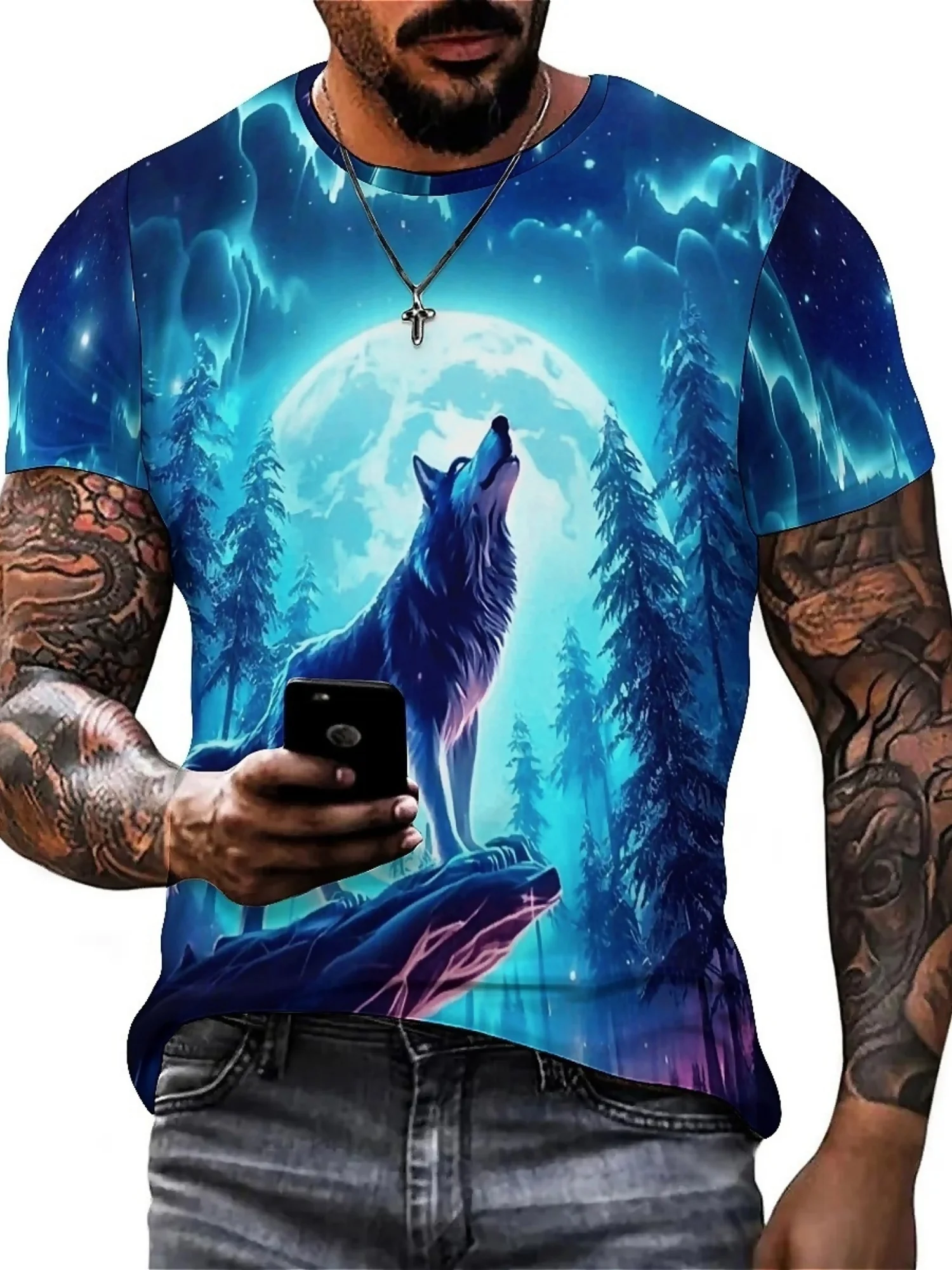 Camiseta masculina de manga curta de fibra de poliéster respirável de secagem rápida de verão com uma impressão de graffiti 3D vibrante de um Wolf100 selvagem