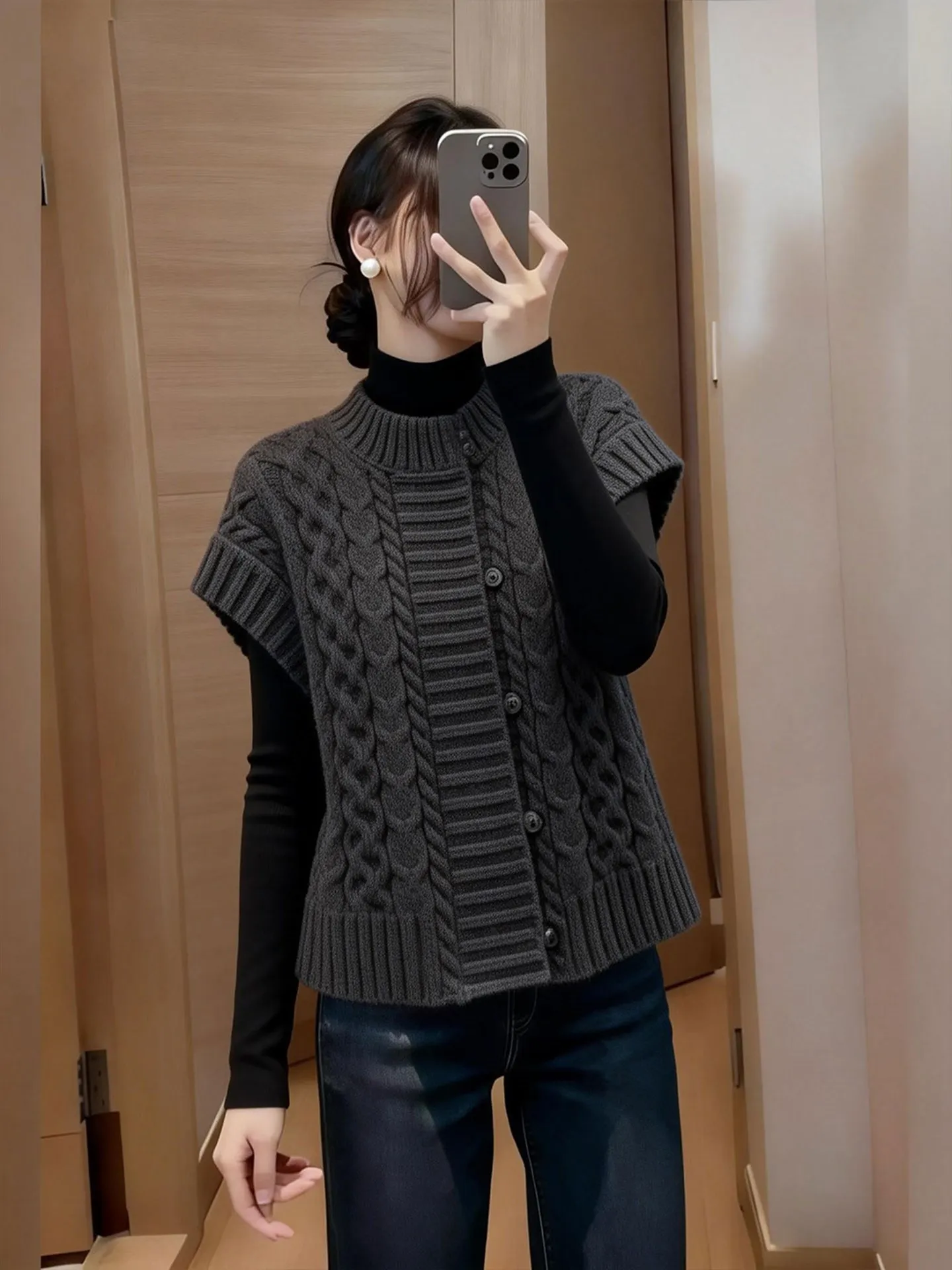 

ay Knitted Sweater Coarse Weave Single Button Outerwear Korean Sle 2026 New Daily Versatile Slimming Commute Women's Faion