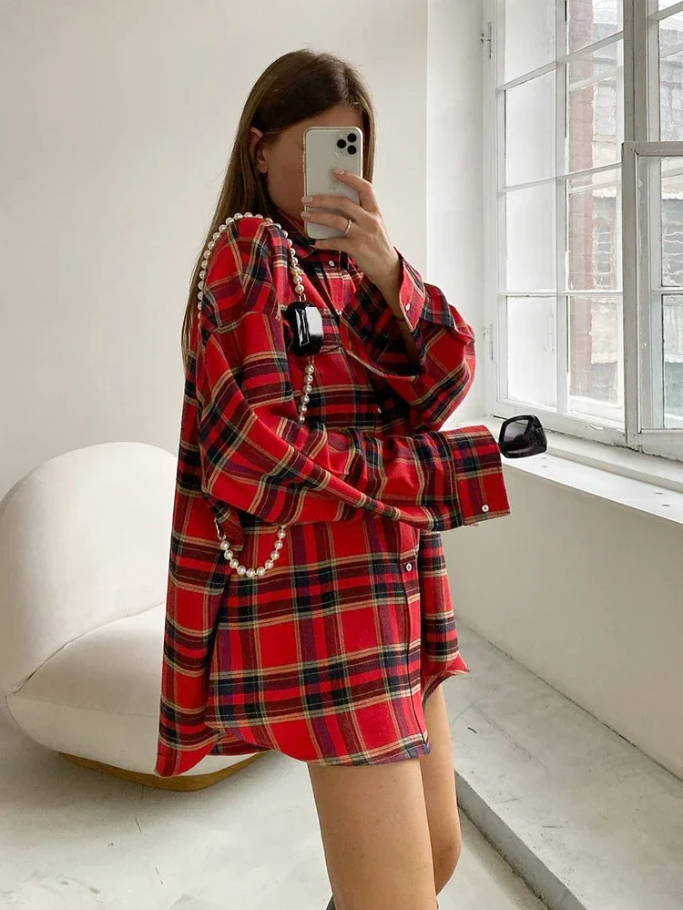 

Mnealways18 Bright Gingham Oversized Shirts For Women Street Style Casual Shacket Blouses And Tops Single-Breasted Spring 2024