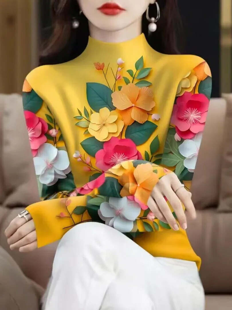 New plus Size Printed T-Shirt Women's Fashionable Long Sleeve Belly Covering Top Label Removed High End Autumn Wear