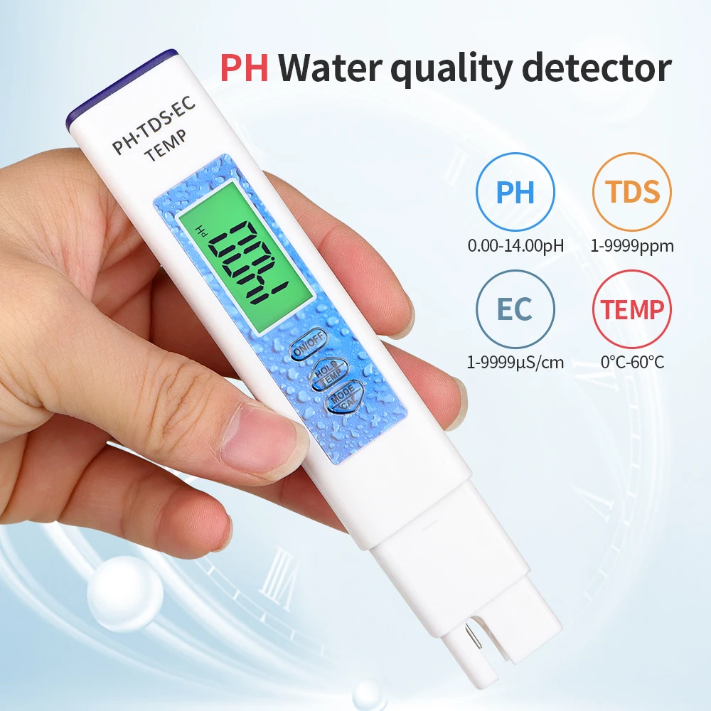 

4 IN 1 Water Quality Tester PH Meter EC/TDS/TEMP Monitor Digital LCD Backlight Pools Drinking Water Aquarium Analysis Instrument