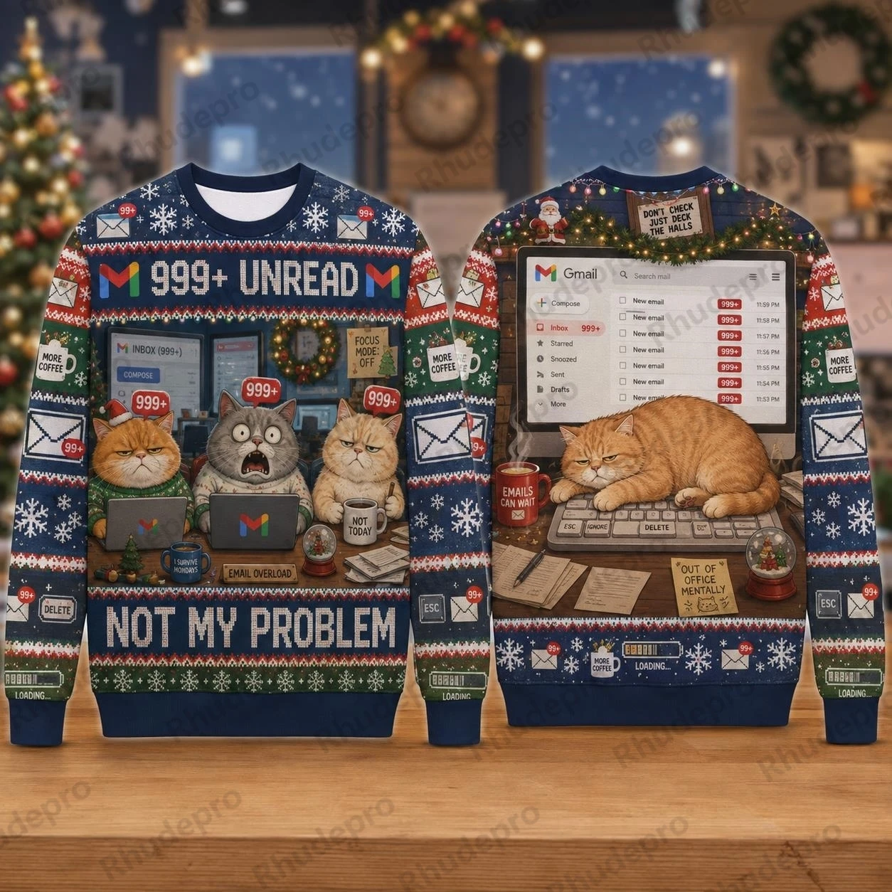 Ugly Christmas Sweater Funny Office Cat Work Meeting Crewneck Sweatshirt Polyester 3D Print Holiday Pullover Gift