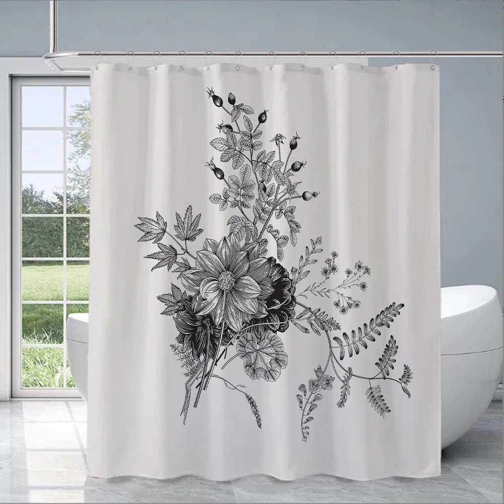 Black and White Flower Shower Curtains for Bathroom Accessories Set Bath Curtain Folding Partition Bedrooms Things the Sets Full