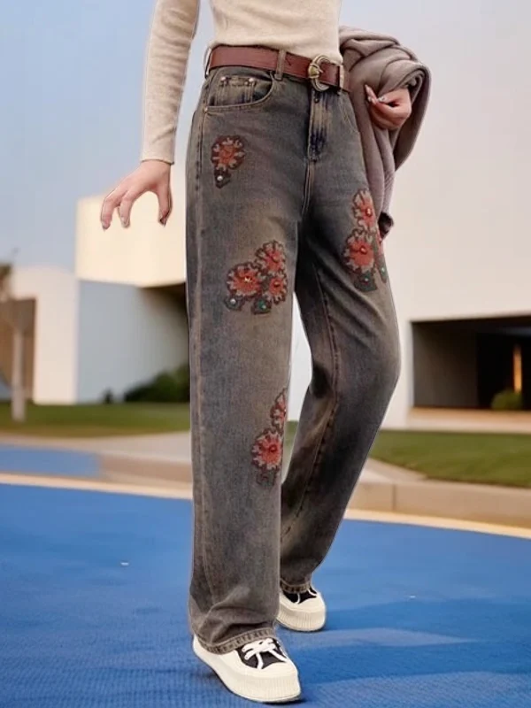 

Trendy Embroidered Wide Leg Pants Women's Jeans Loose Drapey Spring 2026 Casual High Waist Floral Pattern Adult Casual Jeans