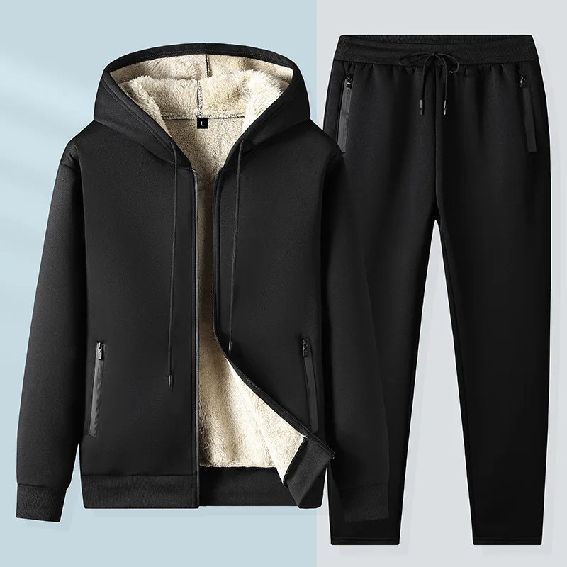 

Зимний флисовый мужской спортивный костюм 2026: утепленная куртка + брюки, теплая зимняя верхняя одежда с капюшоном, оверсайз спортивный костюм