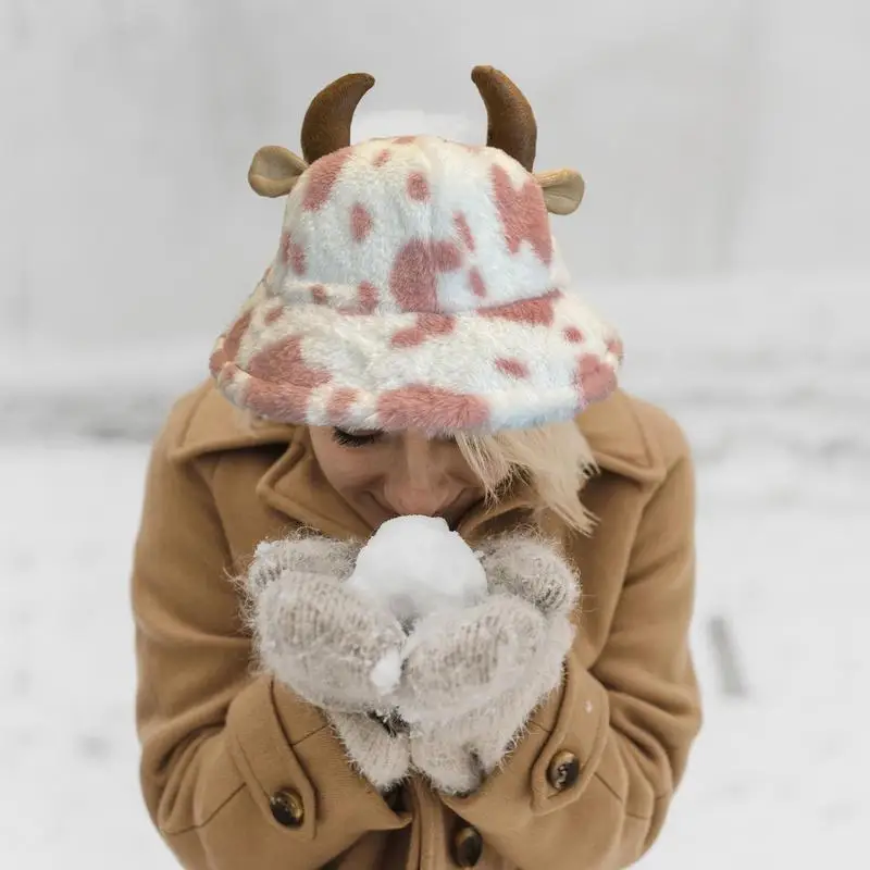 Cow Bucket Hat Soft Plush Cow Print Bucket Hat with Cute Horn Winter Fluffy Plush Fisherman Cap Warm Outdoor for Men Women