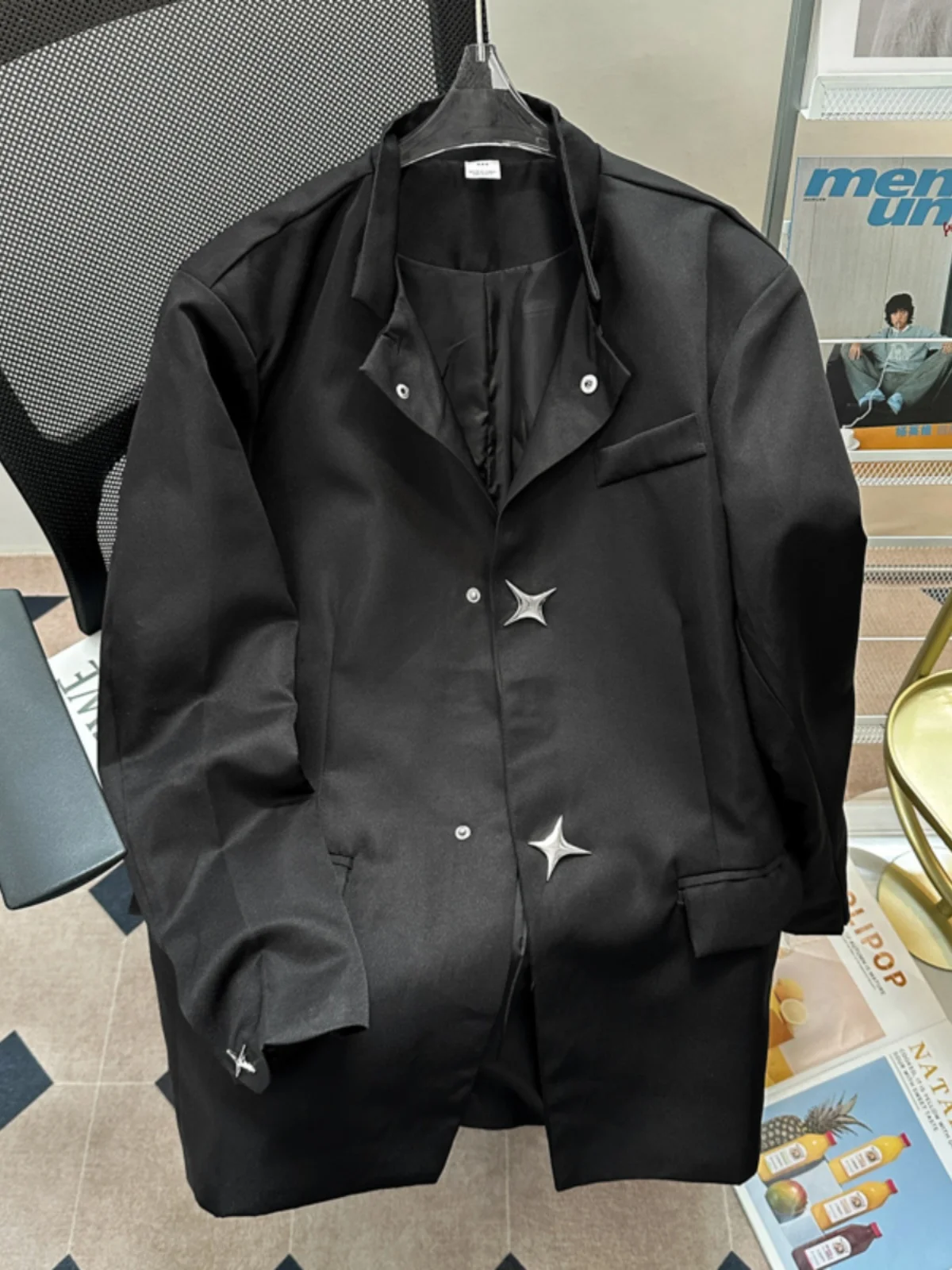

New Chinese Sle Pure Color Stand Collar Button oulder Pad Men's Casual Jaet Tang Suit Small Western Sle Coat