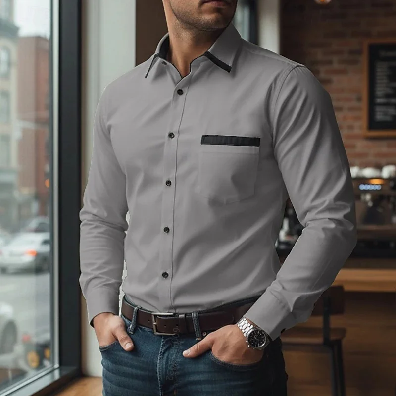 Men's white-collar long sleeved shirt with lapel pockets and decorative buttons, cardigan for commuting and leisure, men's top
