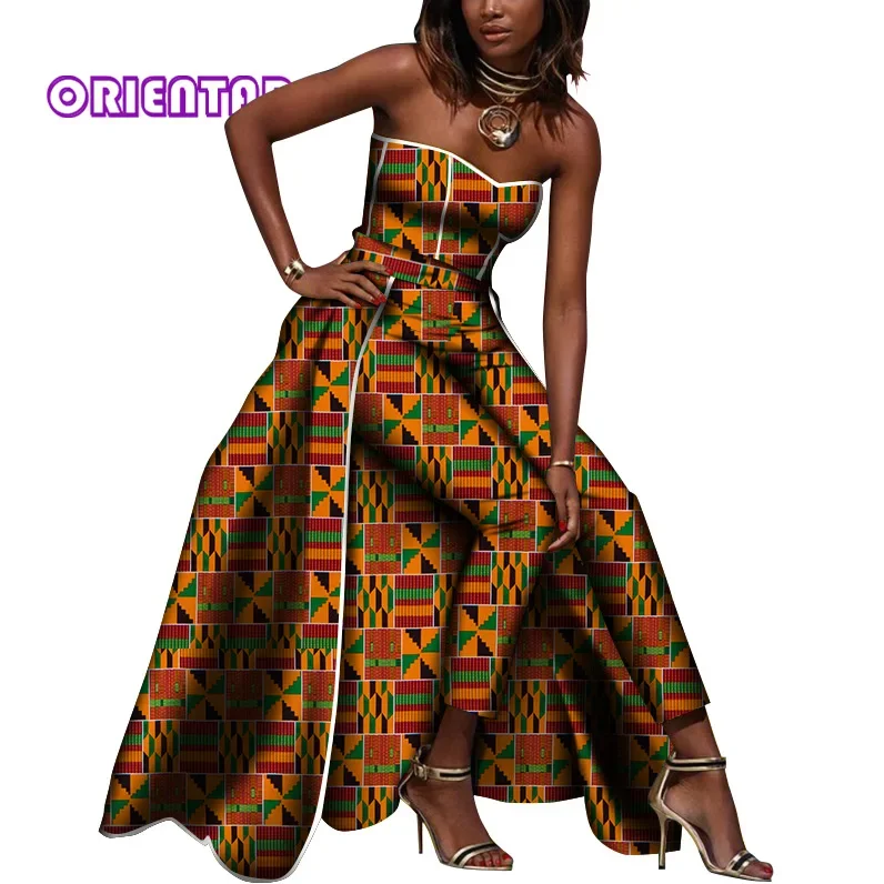 Fashion African Clothes for Women Off Shoulder Jumpsuits with Tail Bazin Riche Print Pants Lady Long Rompers Party WY8030