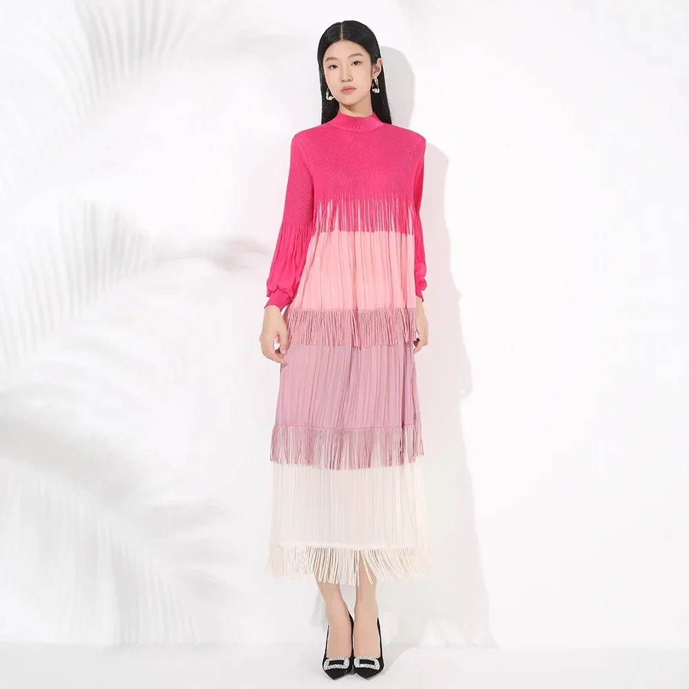 Miyake Pleated Dress Women's 2025 Spring New Heavy Industry Large Size Color Block Tassel Dress Fashion Splicing Long Skirt