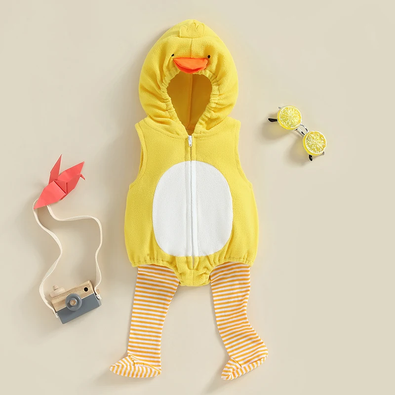 Lovely Chick Romper Baby Boy Girl Halloween Costumes Animal Cosplay Hoodie Romper Jumpsuit Bodysuit Stripe Leg Warmers