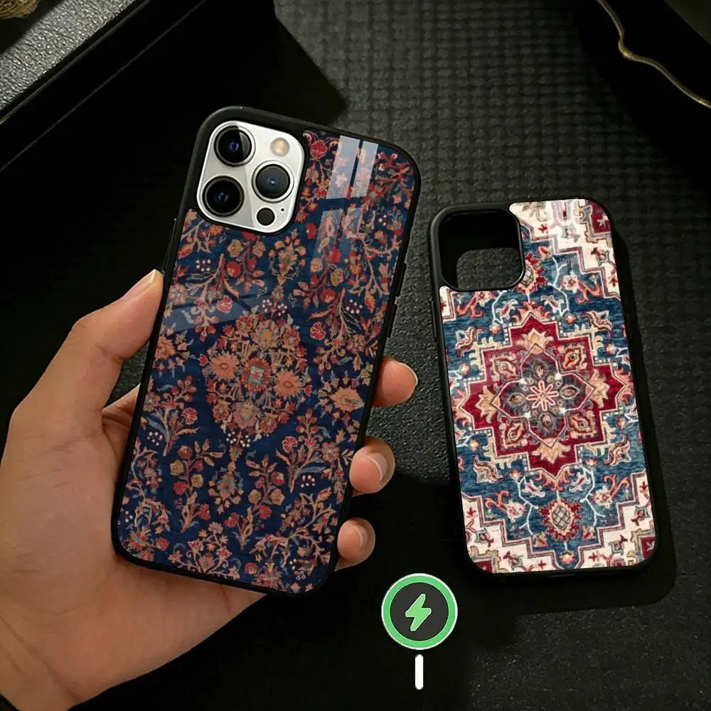 Persian Carpet Floral Pattern Phone Case For iPhone 17 16 15 14 13 12 Pro Max Plus for Mirror Wireless Magnetic Cover