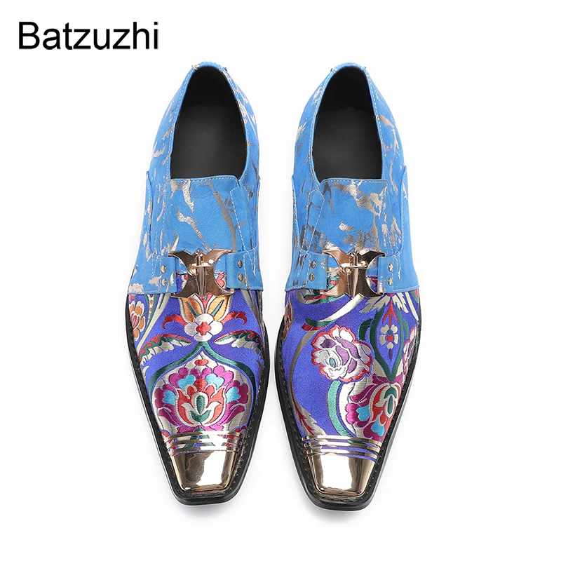 

Batzuzhi 2025 Blue Men's Leather Dress Shoes Pointed Toe Slip on Personality Business, Party, Wedding Shoes for Man, Size 38-46!