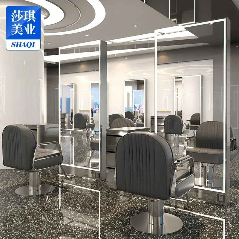 ss newHair Salon Mirror with Light Special-Shaped Floor Mirror Barber Shop Dressing Table Single-Sided Wall Hanging Full-Length