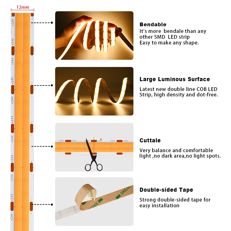 Double Row Flexible COB LED Strip 2000lm/m Super Bright High Density 600 LEDs/m Dimmable Led Lights RA90 3000K 4000K 6500K DC24V