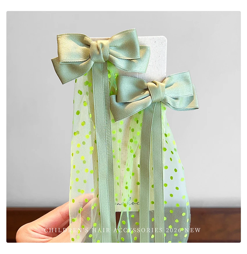 Neue Modische Kinder-Haarspange mit Schleife, Mädchen-Haarspangen aus langem Tüll, gepunktete Netz-Prinzessinnen-Haarspangen, Party-Haaraccessoires – Detail 9