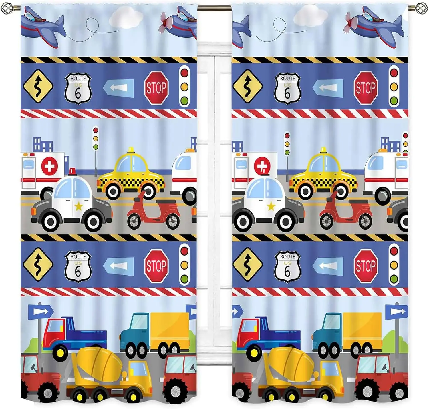 Kids Truck Curtains for Boys Room, Colorful Construction Car Tractor Bulldozer City Traffic Transportation Vehicles Airplane