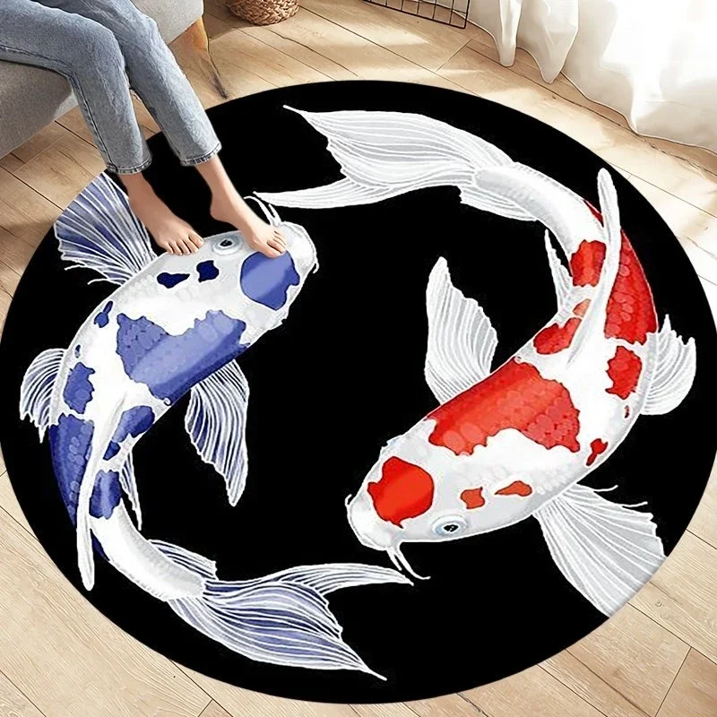 Nordic Luxury 3D Koi Fish Round Carpet Carp Area Rug Large Circle Carpet Rug for Living Room Bedroom Kid Play Non-slip Floor Mat