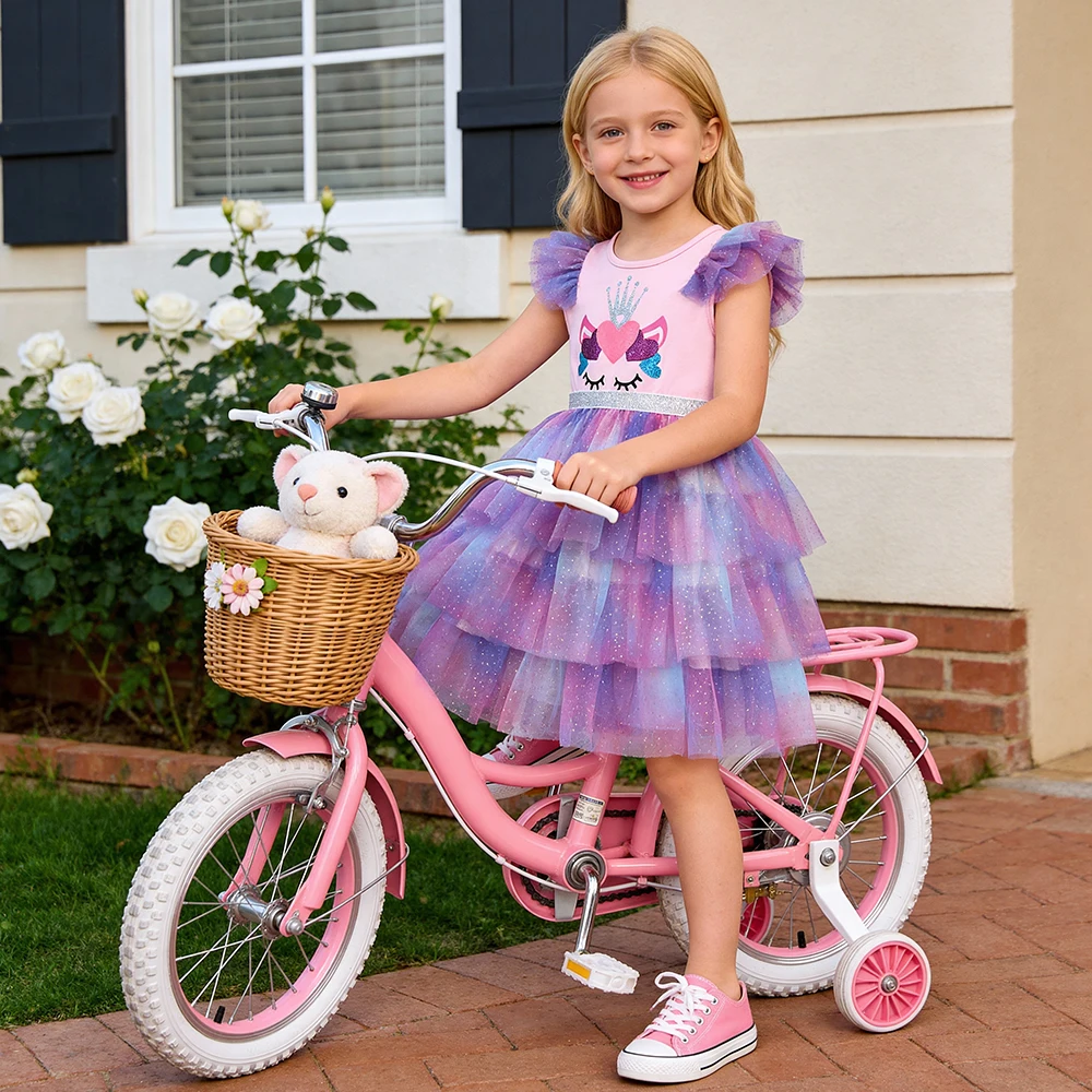DXTON Children Summer Dresses Mesh Gradient Girls Birthday Party Clothing Princess Layered Cake Dress Heart Print Kids Costumes